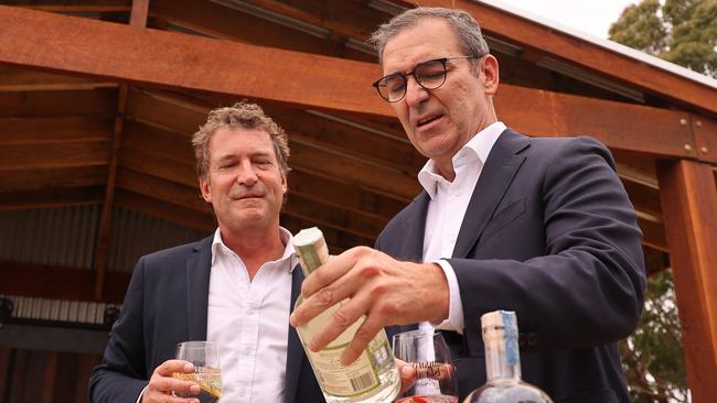 Former South Australian Premier Steven Marshall (right) and Mark Haysman from Mighty Craft at a launch at Kangaroo Island Spirits.