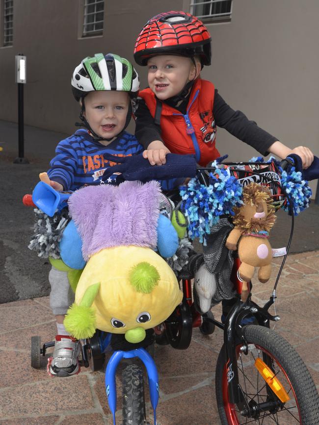 Warwick siblings Riley and Kaiden Dawes were two of the children in the Yarn Bomb Your Bike competition yesterday in the Jumpers and Jazz in July Festival in Warwick. Photo Gerard Walsh / Warwick Daily News