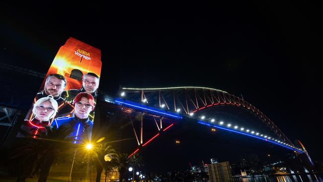 Digital ‘ABBAtars’ of the Swedish band members projected onto the Sydney Harbour Bridge at 3.00am on Friday morning.