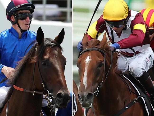 Star three-year-olds Broadsiding (left) and Linebacker will clash in the Group 2 Hobartville Stakes. Pictures: Getty Images