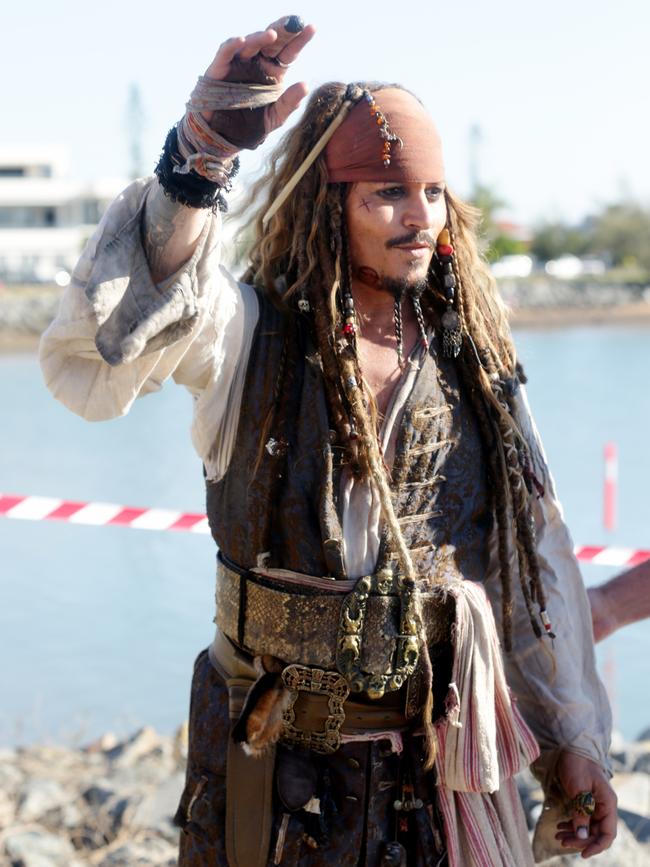 AHOY! Johnny Depp surprises Queensland locals as character Captain Jack Sparrow while filming Pirates of the Caribbean in Australia. Picture: Mark Calleja