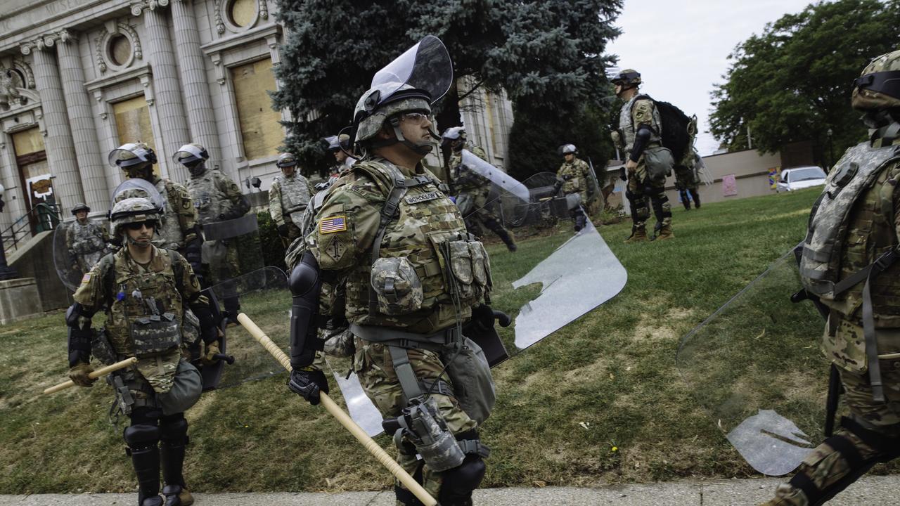 Members of the Army National Guard are seen in Downtown Kenosha during a visit to the area by President Donald J. Trump. Picture: Angus Mordant for NewsCorp Australia.