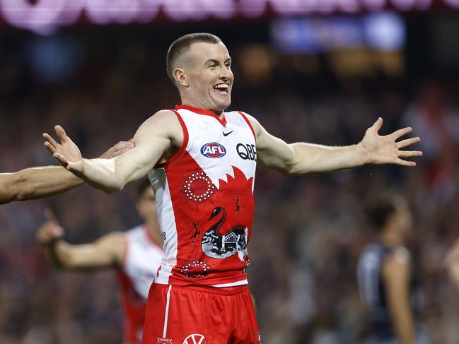 Sydney's Chad Warner celebrates kicking a goal during the Sir Doug Nicholls Round match between the Sydney Swans and Carlton Blues at the SCG on May 17, 2024. Photo by Phil Hillyard (Image Supplied for Editorial Use only - **NO ON SALES** - Â©Phil Hillyard )