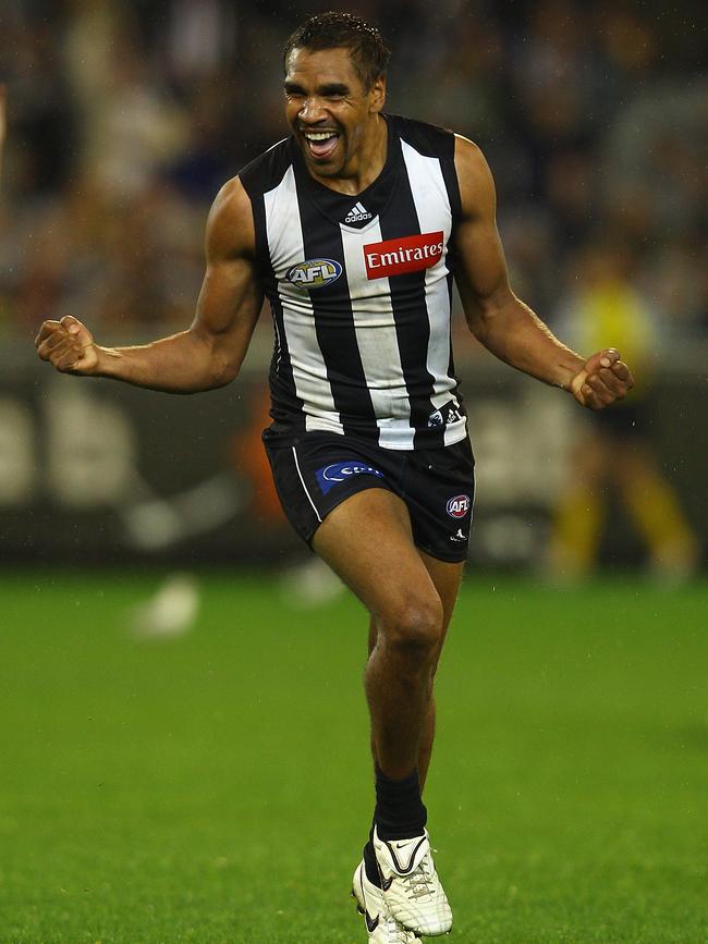 Andrew Krakouer of the Magpies celebrates kicking a goal in a 2011 match. Picture: Getty Images