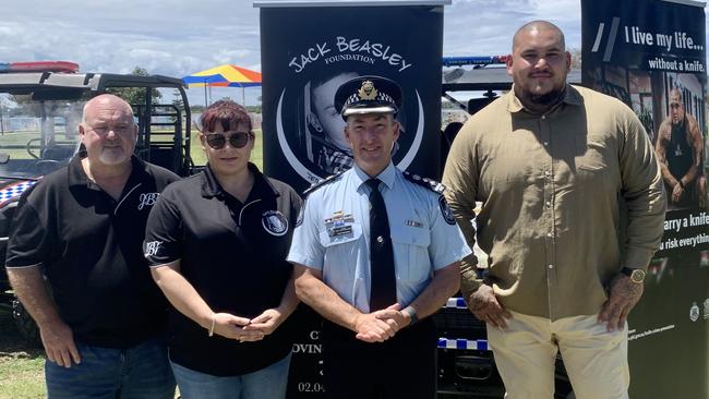 Brett and Belinda Beasley with Acting Chief Supt Rhys Wildman and former NFL star Jesse ‘The Monster’ Williams at the ‘I Live My Life Without a Knife’ campaign on the Gold Coast. Picture: Greg Stolz