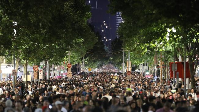 Huge crowds are anticipated for this year’s event. Crowds along Swanston Street at the 2018 White Night Melbourne event. Picture: Alex Coppel.