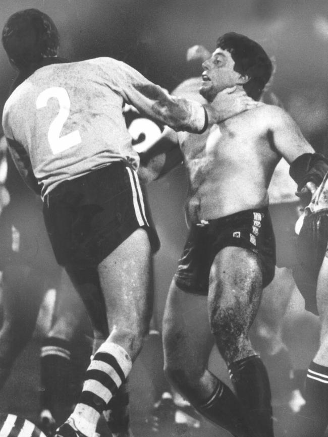 NSW’s Ross Conlon, left, and Queensland’s Chris Close go at it at the SCG in June 1984. Picture: News Limited Rugby League
