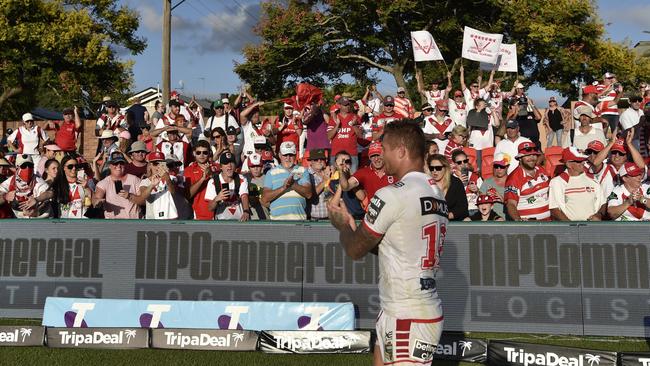 Happy St George Illawarra Dragons supporters after defeating Gold Coast Titans in NRL round three at Clive Berghofer Stadium, Sunday, March 25, 2018.