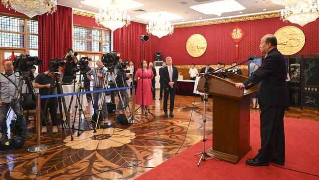 Ambassador Xiao Qian holds a press briefing in Canberra this week. Picture: NewsWire / Martin Ollman