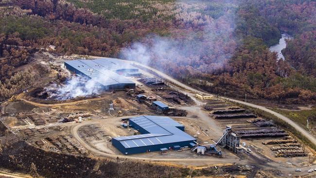 The Riveaux Road bushfire damaged Ta Ann’s Southwood veneer mill, forcing its temporary closure. Picture: RICHARD JUPE