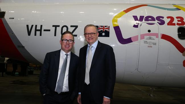 Anthony Albanese and then Qantas CEO Alan Joyce attend the launch of the Qantas 'Yes' Campaign at Qantas Hangar 96 in Sydney. Picture: NCA Newswire / Gaye Gerard