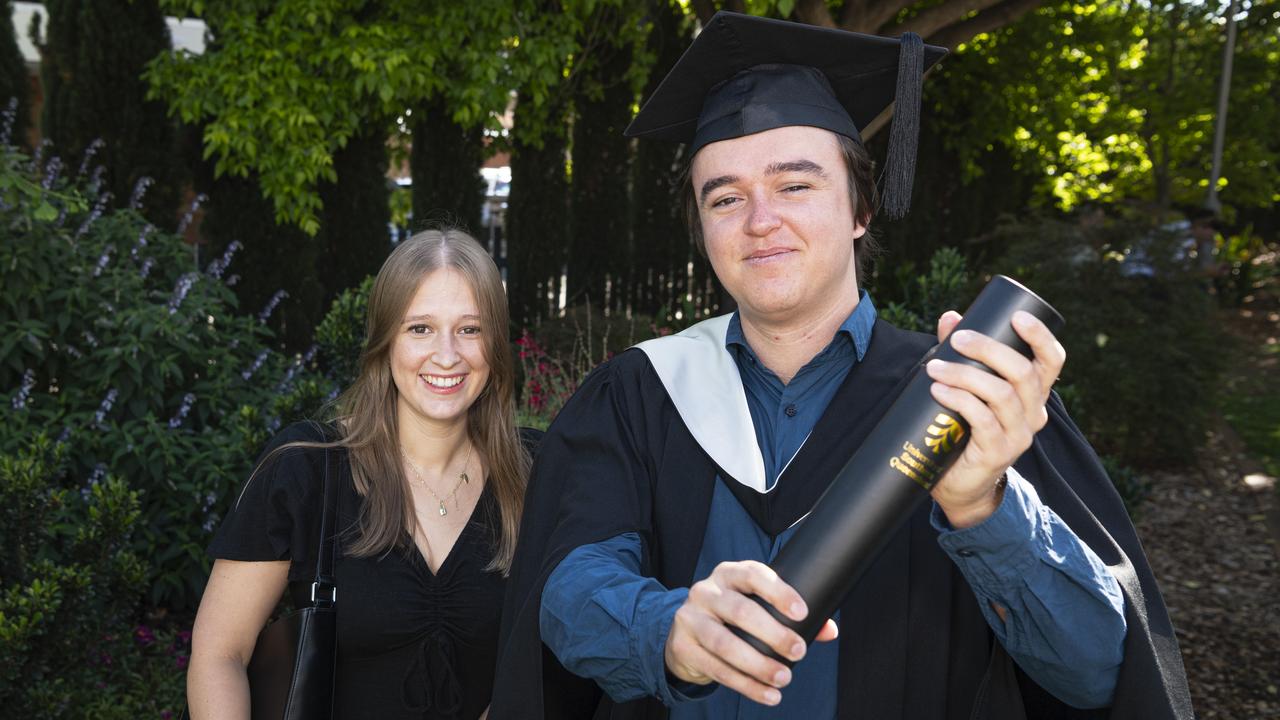 Kalia White congratulates her brother Jake White on his graduation with a Bachelor of Arts with Distinction at a UniSQ graduation ceremony at The Empire, Tuesday, October 29, 2024. Picture: Kevin Farmer