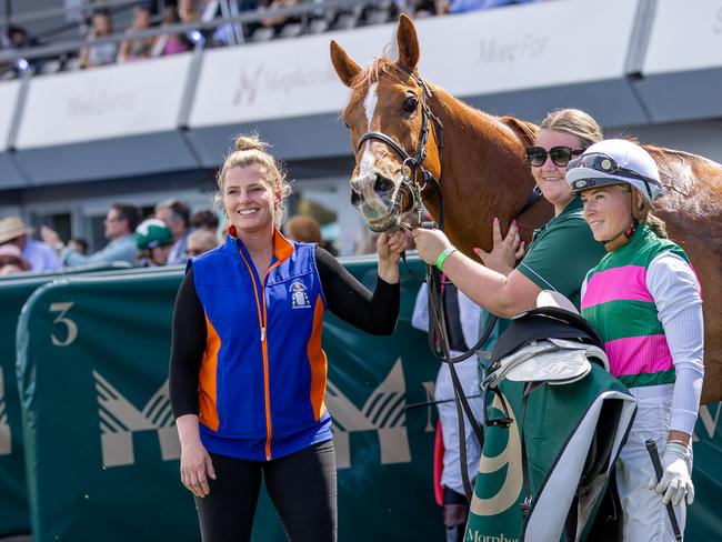 Sarah Rutten (left) poses with Obi after his win at Morphettville on Saturday. Picture: Makoto Kaneko