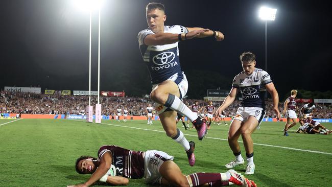 Lehi Hopoate of the Sea Eagles scores a try before being disallowed during the round one NRL match between Manly Sea Eagles and North Queensland Cowboys at 4 Pines Park, on March 08, 2025, in Sydney, Australia. (Photo by Cameron Spencer/Getty Images)