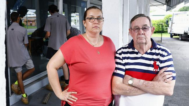 Fish and chip shop Balaclava Fish on Balaclava Road was broken into on Tuesday night, with the front glass door shattered. Vicki Lockwood, pictured with courier driver Ron Livingston, has had her adjoining florist business broken into, and had to call the owner of Balaclava Fish to notify her of the break in. Picture: Brendan Radke