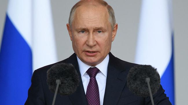 (FILES) In this file photo taken on August 23, 2021 Russian President Vladimir Putin delivers a speech during the opening ceremony of the International Military-Technical Forum 