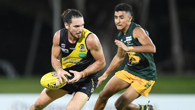 Cam Ilett of Nightcliff Tigers against Xavier Vallejo of St Mary's. Picture: Felicity Elliott / AFLNT Media