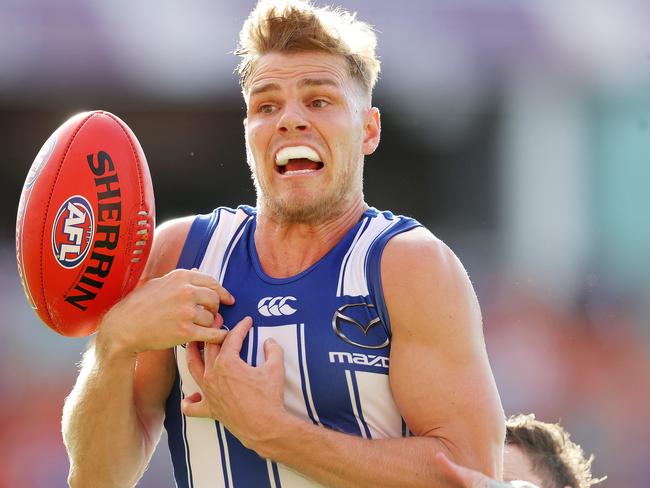 AFL Round 17. 12/09/2020. North Melbourne vs Fremantle at Metricon Stadium, Gold Coast..  Mason Wood of the Kangaroos  marks on the lead q3       . Pic: Michael Klein