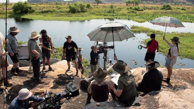 Filming scenes at Cannon Hill in Kakadu National Park. Picture: Tony Mott