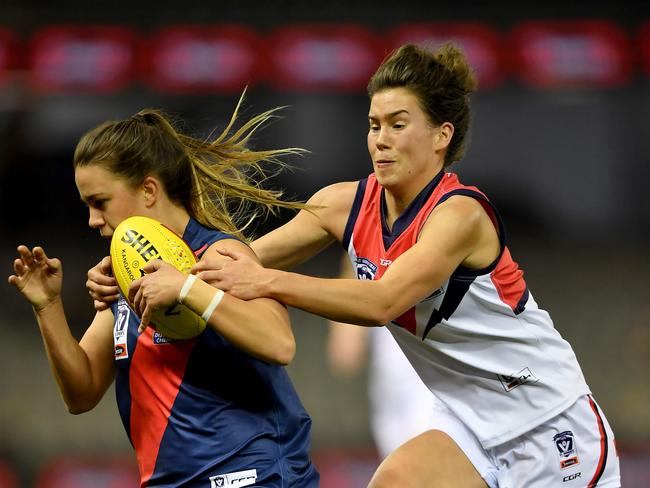 Chloe Molloy and Elizabeth Birch  in action during the  Darebin Falcons v Diamond Creek VFL Women's Grand Final at Etihad Stadium in Docklands, Sunday, Sept. 24, 2017. (Picture/Andy Brownbill