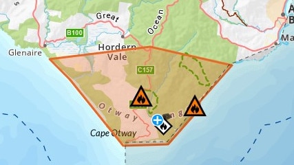 A bushfire broke out at Blanket Bay Rd in Cape Otway on Wednesday morning, with the fire travelling westerly towards Lighthouse Rd. Picture: Victoria Emergency.