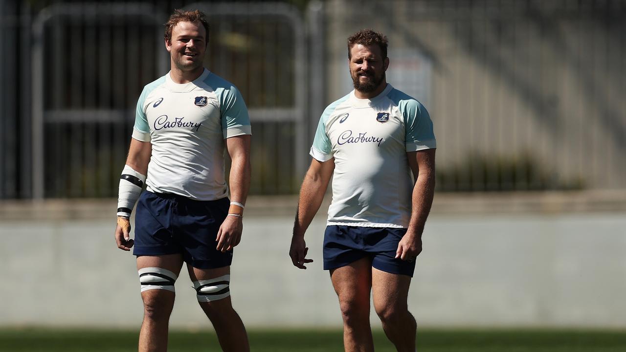 Harry Wilson and James Slipper during a Wallabies training session. (Photo by Matt King/Getty Images)