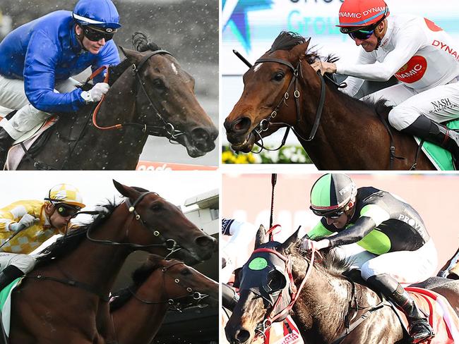 Aiming to boost their Everest credentials in The Shorts today are top sprinters (clockwise, from top left) Aft Cabin, I Am Me, Private Eye and Lady of Camelot.