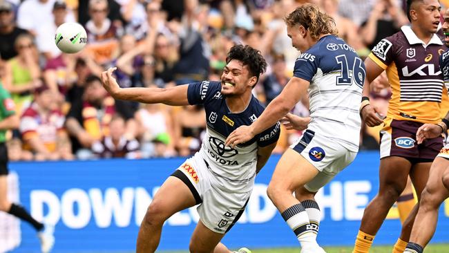 Jeremiah Nanai of the Cowboys celebrates scoring a try. Photo by Dan Peled/Getty Images