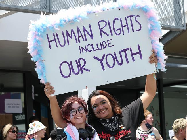 Protesters gather at Tim Nicholls Electorate office in a gathering organised by Magandjin PeopleÃs Pride to protest the decision to stop puberty blockers. Pics Adam Head