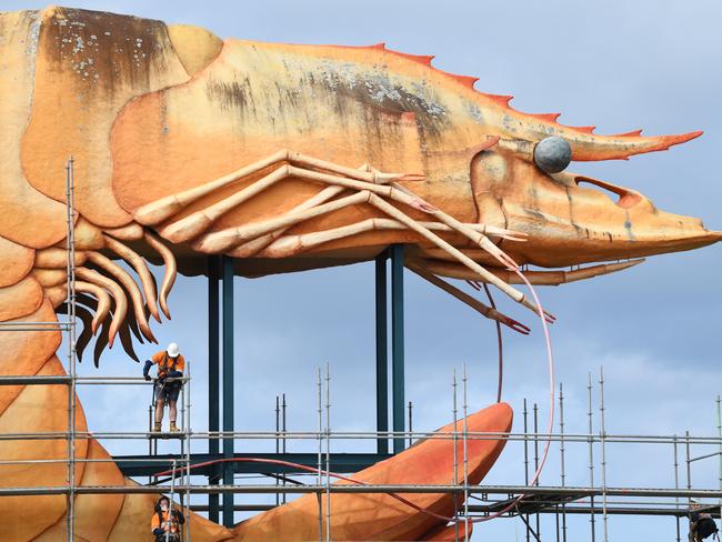 Workers get ready to perform restoration works on the 9-metre Big Prawn statue in the car park of Bunnings in Ballina. Picture: James D. Morgan/Getty Images