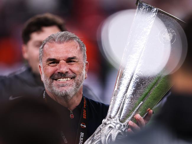 Ange Postecoglou celebrates after guiding Spurs to UEFA Europa League glory. Picture: Ryan Pierse/Getty Images