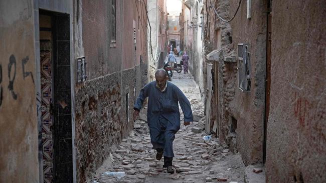 Residents evacuate their houses following a 6.8-magnitude quake in Marrakesh. Picture: AFP