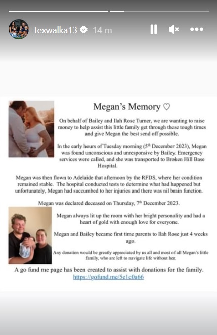 Former Adelaide Crows captain Taylor 'Tex' Walker posted in tribute to Megan on Instagram. Picture: Instagram