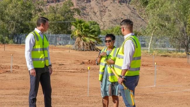 Alice Springs Town Council chief executive Andrew Wilsmore, Labor Lingiari MP Marion Scrymgour, and Alice Springs Town Council Mayor Matt Paterson at the sod turning ceremony at Newland Park, Alice Springs, Tuesday January 28, 2025. Picture: Facebook/Matt Paterson