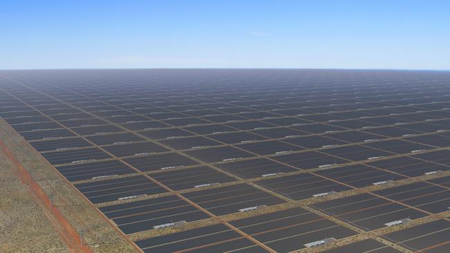 A render of Sun Cable’s proposed solar farm in Powell Creek, Northern Territory. The company hopes the planned facility could provide significant renewable electricity to Darwin and create a new $2 Billion export industry by supplying up to 15 per cent of Singapore’s electricity needs. Picture: Supplied