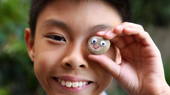 Braveyn Tse, 12, with one of the rocks he sold to raise funds for the Children’s Hospital at Westmead. Picture: Angelo Velardo