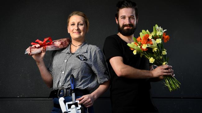 Apprentice butcher Amber Hamann and floristry graduate Jake Chaplin both credit TAFE SA courses with setting them on their new career paths. Picture: Tricia Watkinson