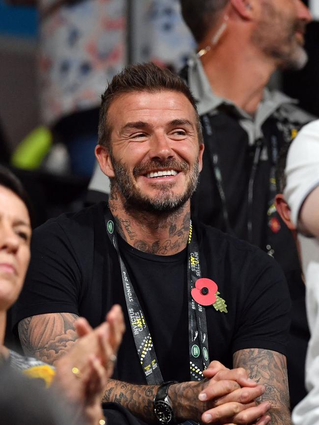 David Beckham watching the wheelchair basketball final match at the Invictus Games 2018 in Sydney. Picture: Saeed Khan/AFP