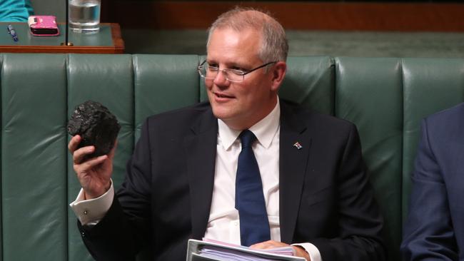 Treasurer Scott Morrison with coal. Picture: Kym Smith