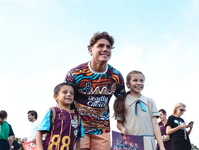 GOLD COAST Brisbane Broncos player Reece Walsh meeting fans at the Burleigh Bears season launch. Pizzey Park, Miami. Photo: Zak Simmonds.