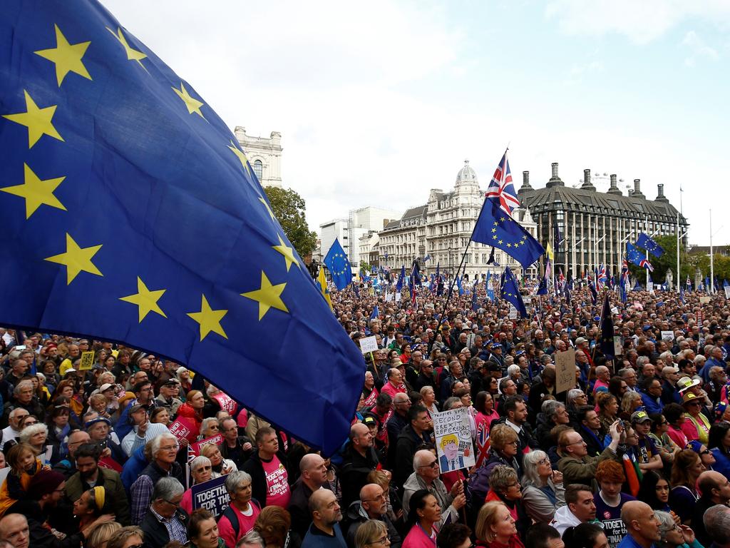 EU supporters march as Parliament sits on a Saturday for the first time since the 1982 Falklands War, to discuss Brexit in London on October 19. Picture: Reuters/Henry Nicholls.