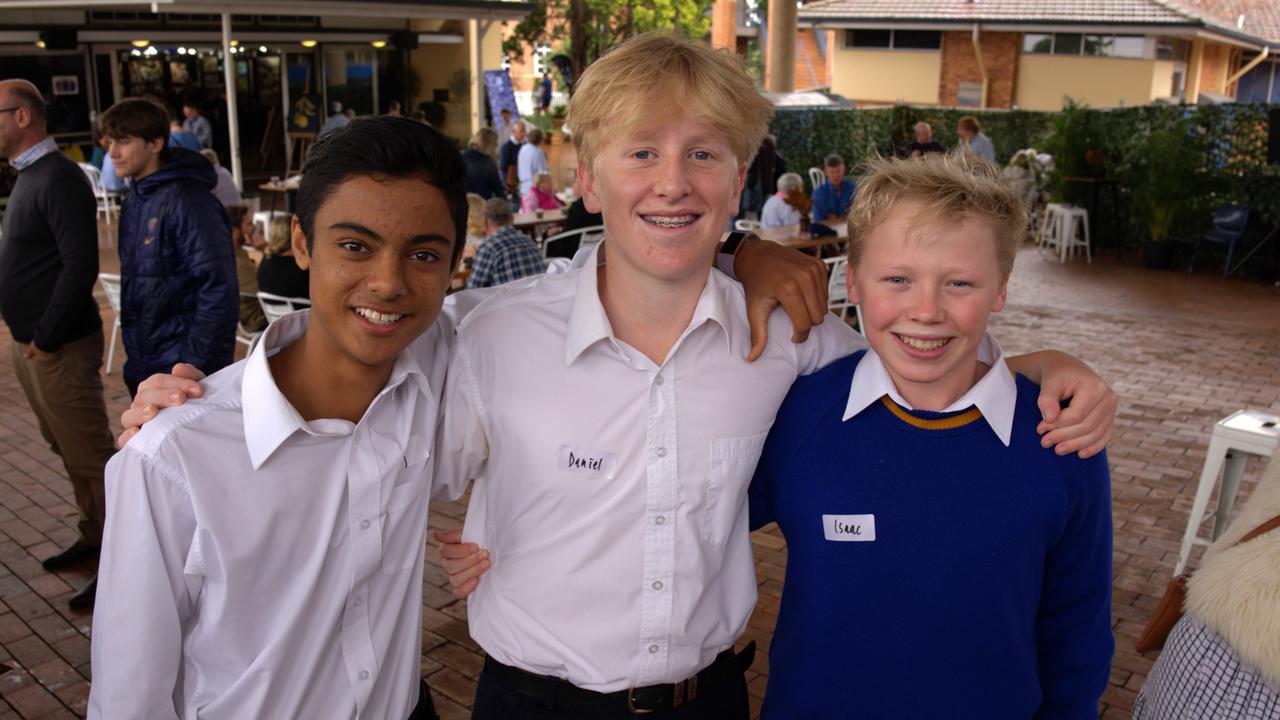 TGS students Taj Khan, Isaac Beverland and Dan Wilson at Toowoomba Grammar School Art Show 2024. Sunday, March 24, 2024. Picture: Christine Schindler