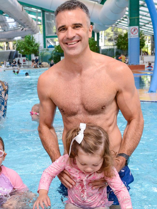 Peter Malinauskas with his daughter Eliza at the Adelaide Aquatic Centre in North Adelaide. Picture: Brenton Edwards