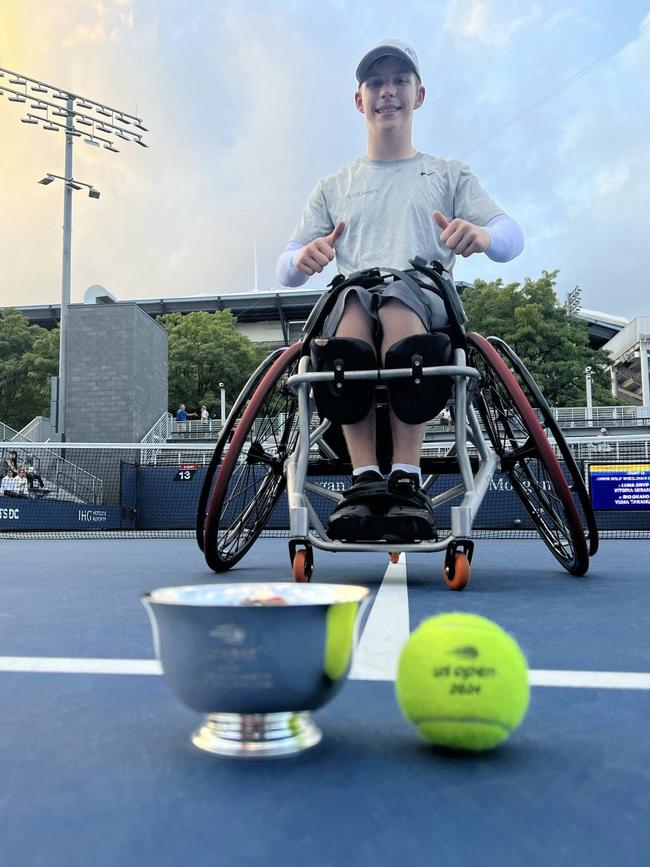 Australian tennis champion Ben Wenzel won the boys' 2024 wheelchair doubles US Open title with Dutch partner Ivar Van Rijt. Picture: Supplied