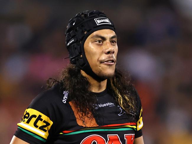 PENRITH, AUSTRALIA - JULY 29: Jarome Luai of the Panthers reacts after a no try during the round 22 NRL match between Penrith Panthers and Cronulla Sharks at BlueBet Stadium on July 29, 2023 in Penrith, Australia. (Photo by Jeremy Ng/Getty Images)