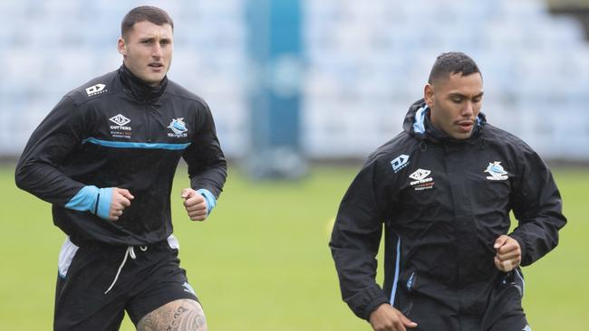 Bronson Xerri (left) and Jesse Ramien during an NRL Sharks training session at PointsBet Stadium on Monday. Picture: AAP Image/Craig Golding