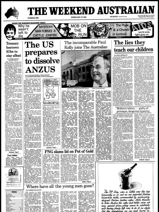 Front page of The Australian on February 2, 1985, when Paul Kelly joined The Australian