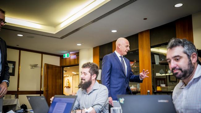 Premier Peter Gutwein walks around during the budget lockup. Picture: RICHARD JUPE