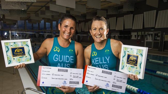 Tokyo-bound vision- impaired Paratriathlon gold medallist from Rio Katie Kelly (right) and her guide Briarna Silk. Picture: Nigel Hallett