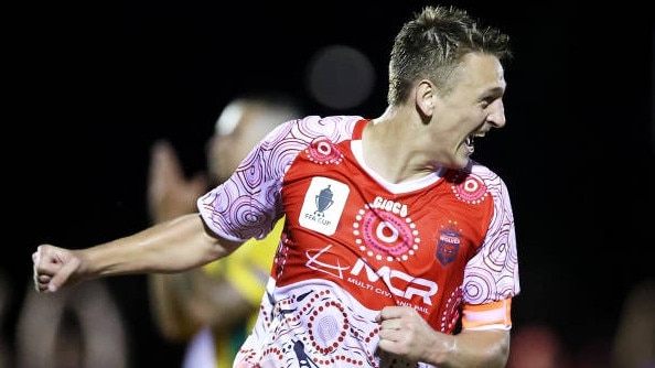 Lachlan Scott of the Wollongong Wolves FC celebrates scoring a goal during the FFA Cup round of 32 match between the Mt Druitt Town Rangers FC and the Wollongong Wolves FC at Popondetta Park on November 06, 2021 in Sydney, Australia. (Photo by Mark Kolbe/Getty Images)